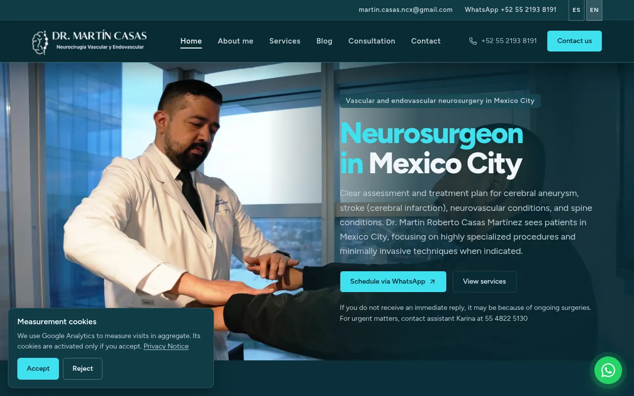 Home page of the English version of Dr. Martín Casas’s neurosurgery website in Mexico City