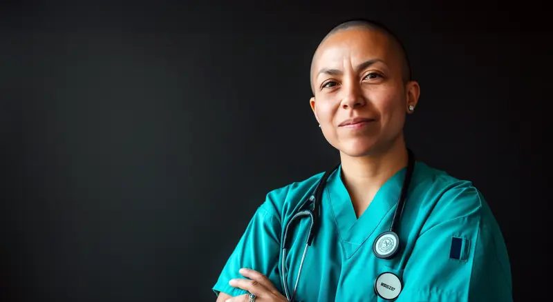 Surgeon in surgical scrubs with a stethoscope in a dimly lit examination room
