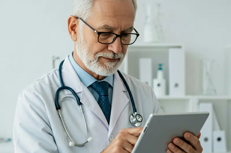 Doctor reviewing a results report on a tablet in their office