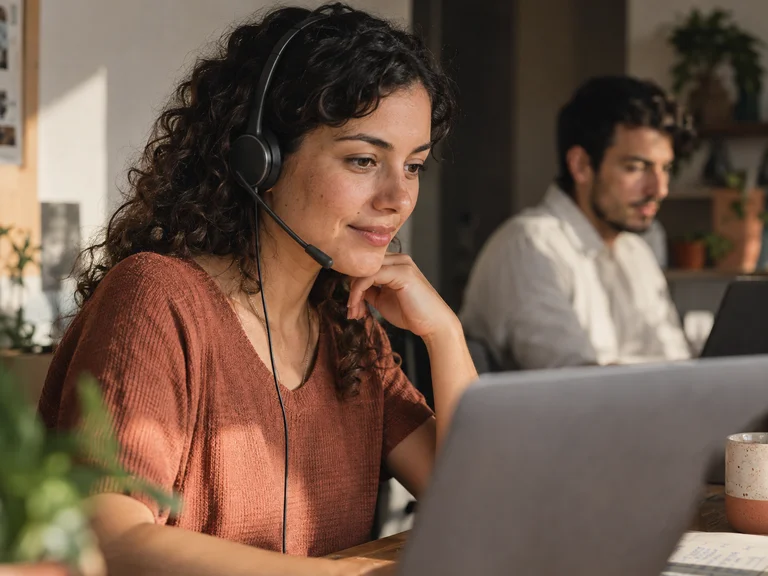 Conceptual scene: a customer service specialist listens to a call