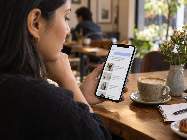 Conceptual scene: a person looks up business recommendations on their phone